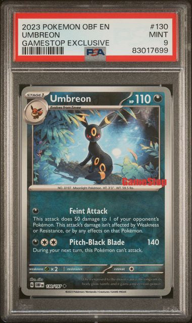 2023 POKEMON OBF EN-OBSIDIAN FLAMES 130 UMBREON GAMESTOP EXCLUSIVE MINT 9